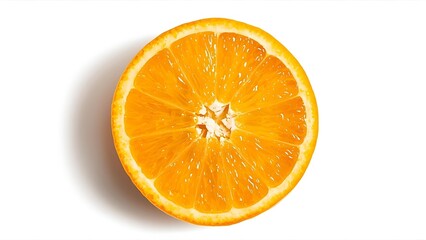 Close-up of a peeled orange segment with juice droplets on a white background, top view. The juicy texture and bright color pop, with clean shadows.
