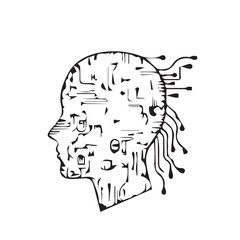 Abstract illustration of a human head profile with digital circuits and data flow, representing artificial intelligence, machine learning, and future cognitive technology