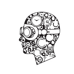 Abstract black and white illustration of a steampunk head filled with gears and clock parts, symbolizing the mechanics of thought and time