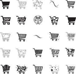 Expansive collection of stylized shopping cart vector icons and abstract basket symbols, perfect for diverse e-commerce, retail, and digital marketplace design applications