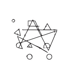 Minimalist black and white line art featuring an abstract arrangement of interconnected geometric shapes, a conceptual design representing complexity and structure