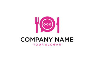 Modern Food Chat Logo Design with Fork, Speech Bubble, and Knife for Dining Communication Apps