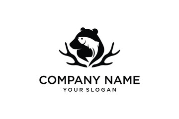 Stylized Bear Head Holding Fish with Antlers Logo Design