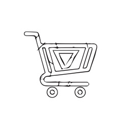 Sketchy shopping cart trolley icon isolated on a white background. Hand-drawn doodle style vector graphic of a retail basket for online shopping websites and mobile applications