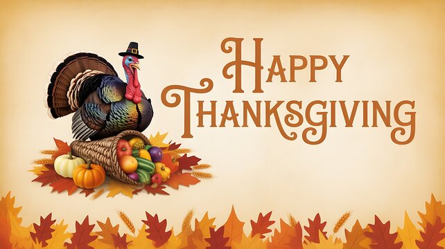 A happy thanksgiving greeting with a turkey and cornucopia on a golden background