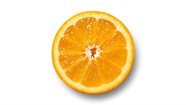 Close-up of a peeled orange segment with juice droplets on a white background, top view. The juicy texture and bright color pop, with clean shadows.