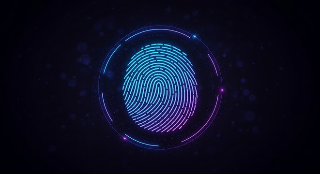 Digital fingerprint scan with glowing neon biometric identification interface on dark background, representing cybersecurity, identity verification and modern data protection technology