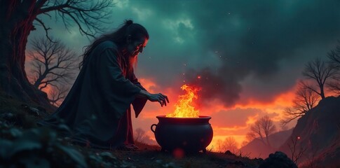 Gnarled Crone Brewing a Potion Under a Stormy Sky Dark Magic and Impending Doom Silhouette