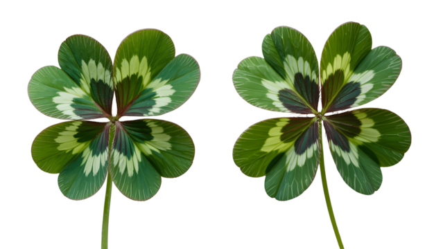 Two fourleaf clovers isolated on transparent background, symbol of luck