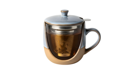 Tea infuser mug with a stainless steel filter and a ceramic lid isolated on transparent background, perfect for brewing loose leaf tea at home or in the office