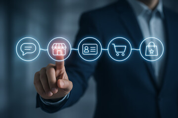 Businessman points to glowing store icon in a line of e-commerce icons representing online shopping process from chat to retail shop to customer id to cart and final purchase