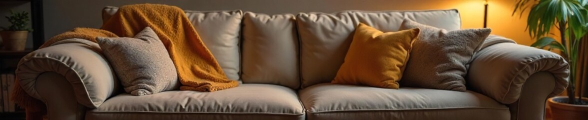 Cozy Living Room Relaxation Plush Couch, Blankets, and Remote for Peaceful Evening Entertainment