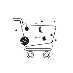 Conceptual line art of a universal shopping cart filled with planets, stars, and a moon, symbolizing cosmic commerce and online retail