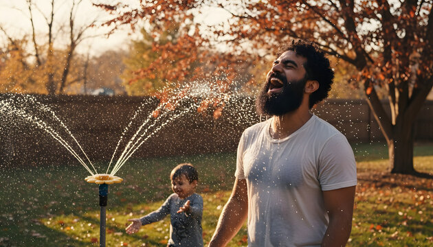 Bearded man laughing with child playing in garden during autumn 
