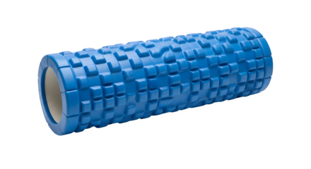 Blue foam roller isolated on transparent background, fitness equipment for muscle massage, myofascial release, exercise and physical therapy, health and wellness