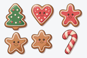 Festive Christmas Cookie Designs Vector Set Featuring 6 Holiday-Themed Illustrations Perfect for Seasonal Baking, Holiday Cards, Party Invitations, and Festive Celebration Graphics