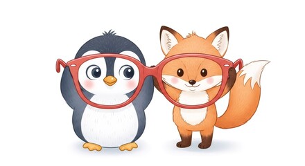 Obraz premium Cute cartoon penguin and fox holding large red glasses. Children's eye examinations. Vision correction and eye care for kid. Ophthalmology concept.