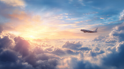 airplane flying in the sky with beautiful clouds at sunset.