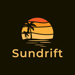 Naklejka premium sunset palm coconut tree on beach Orange sunset vector logo design, 