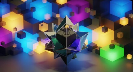 Abstract Geometric Sculpture with Colorful Illuminated Cubes Background