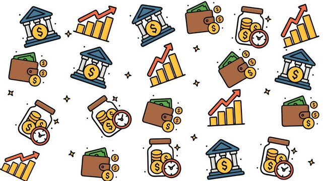 Suitable for finance blogs, presentations, and social media graphics. Icons, wallets, graphs, money jars scattered in the image.