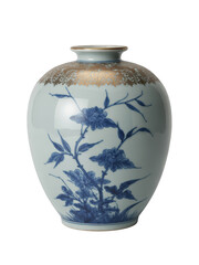 Traditional blue and transparent background white porcelain vase with gold floral accents ceramic
