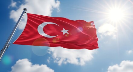 Turkish flag waving in the bright sun against a blue sky with clouds