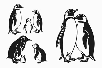 Naklejka premium Minimalist penguin family icon set with black yellow cyan and magenta colors