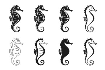 Minimalist seahorse line icons set in black yellow cyan magenta