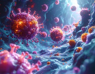 Microscopic view of viral particles floating in a vibrant, cellular environment