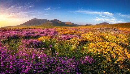Fototapeta premium A Vibrant Field Of Purple Yellow And Pink Flowers Creates A Whimsical And Colorful Landscape