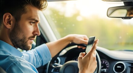Man driving a car while looking at his phone, distracted driving risk