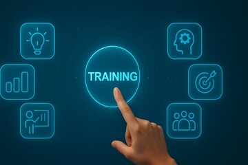 Naklejka premium Hand touches training button to start professional learning and certification