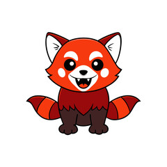 Cute cartoon red panda with bushy tail sitting and smiling isolated on white background