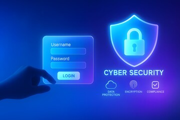 Modern cyber security background with login panel and luminous shield