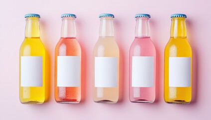 Five small glass bottles of colorful drinks, each with a blank white label and a light blue cap, arranged in a row on a pink background