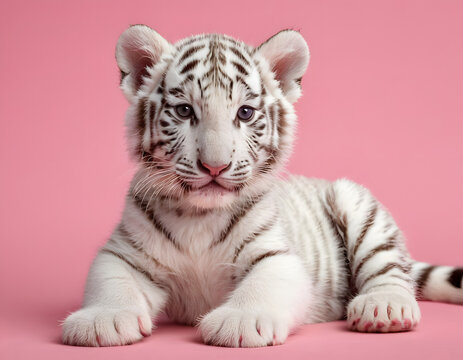 white tiger cub, Cute white tiger cub seated over a pink background