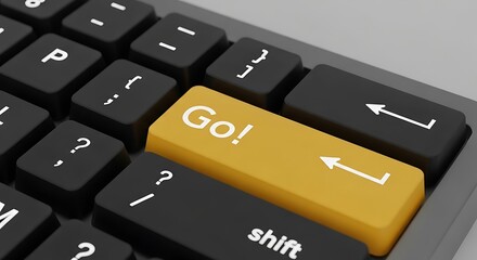 Closeup of a yellow go key on a black computer keyboard, symbolizing action and starting