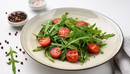 Fototapeta premium Fresh Arugula Salad With Cherry Tomatoes And Peppercorns On A White Background