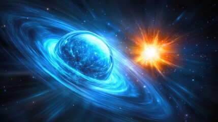 Celestial collision event planetary interaction in space digital art vibrant cosmic environment aerial viewpoint