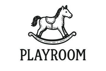 Vintage rocking horse illustration with playroom text in black and white