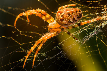 A closeup shot of a wasp spider on a spider web under the sun