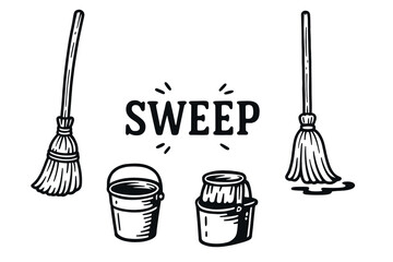 Illustration of brooms and buckets with the word 'sweep' highlighted