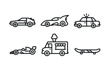 Simple icon set featuring cars, food truck, and skateboard