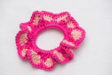 Pink and Peach Crochet Scrunchie with Scalloped Edges