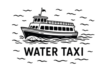 Black and white water taxi illustration with waves and flag