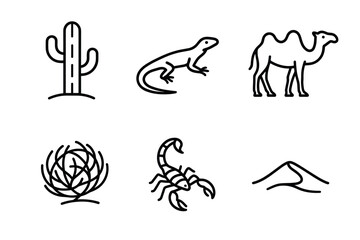 Fototapeta premium Desert icons: cactus, lizard, camel, scorpion, sand dune, plant line art collection