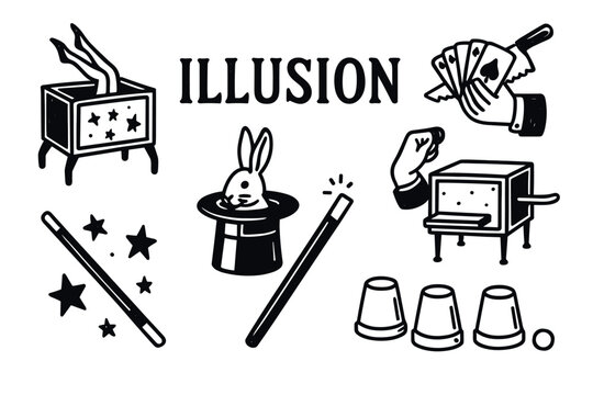 Magic illusion icons: wand, hat, cards, trick box, stars, cups