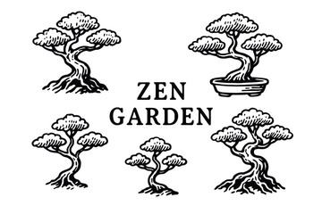 Zen garden illustrations: bonsai trees in black and white