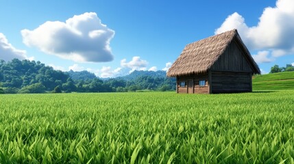 Serene cottage in lush green field nature landscape rural environment tranquil viewpoint
